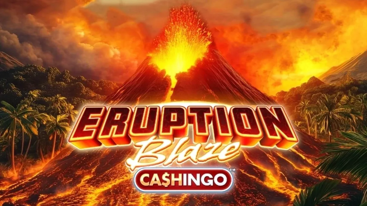 Tampilan visual slot Eruption Blaze Cashingo dengan tema gunung berapi yang membara dan grid bingo.