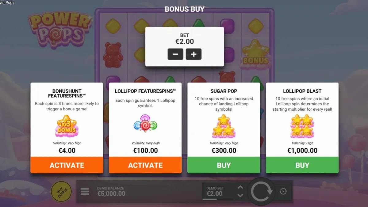 Tampilan visual cerah dan penuh warna dari slot Power Pops dengan elemen permen.